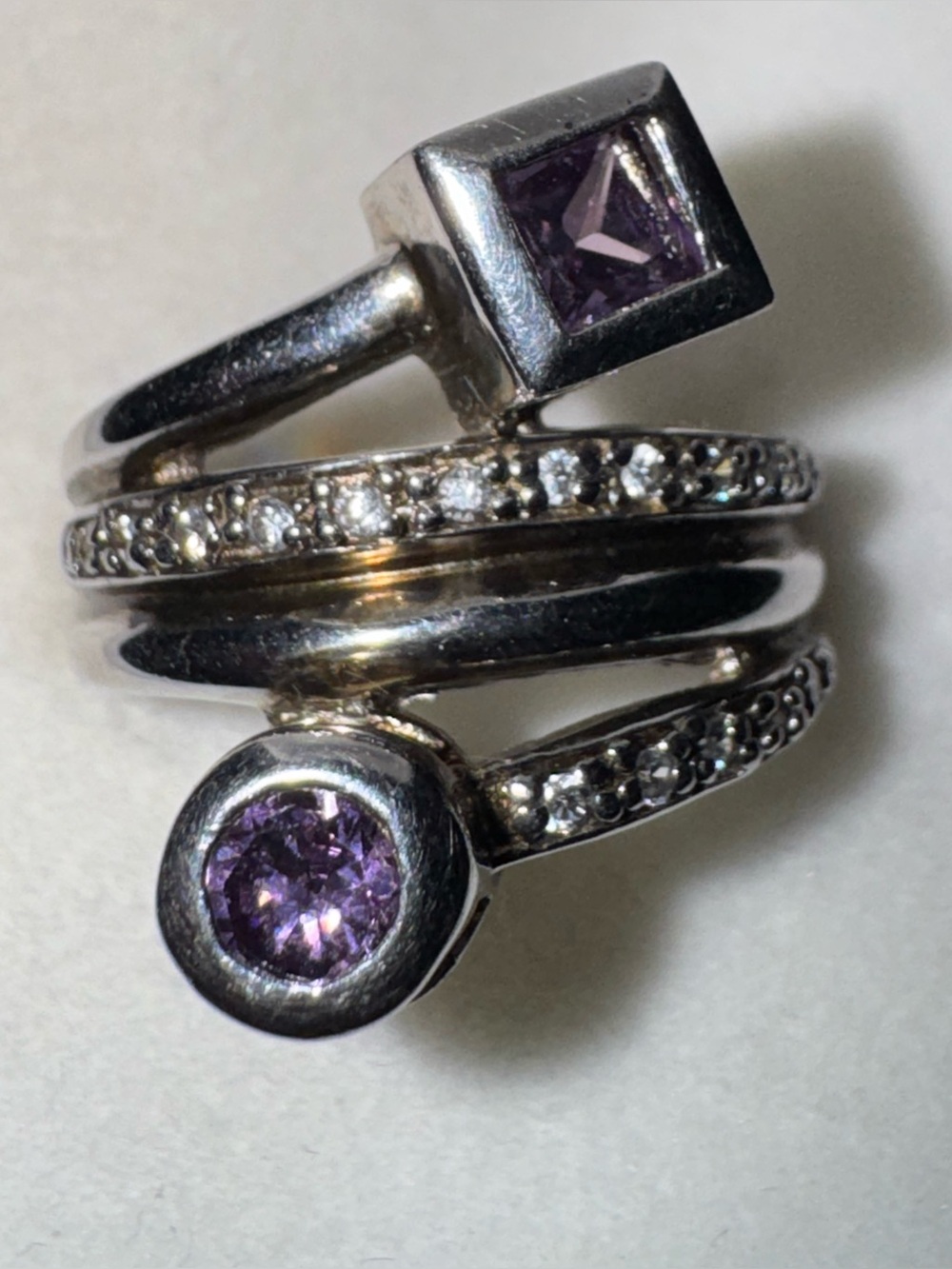 Stamped 925  Modern Geometric Amethyst Gemstone Stacking Bypass Ring